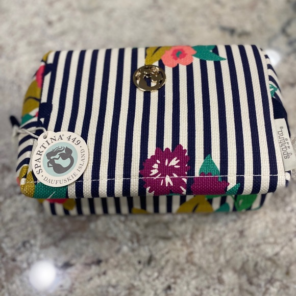 Spartina Canvas Zip Cosmetic Bag Navy Stripes Bright Multi Color Pattern Floral - Picture 1 of 4
